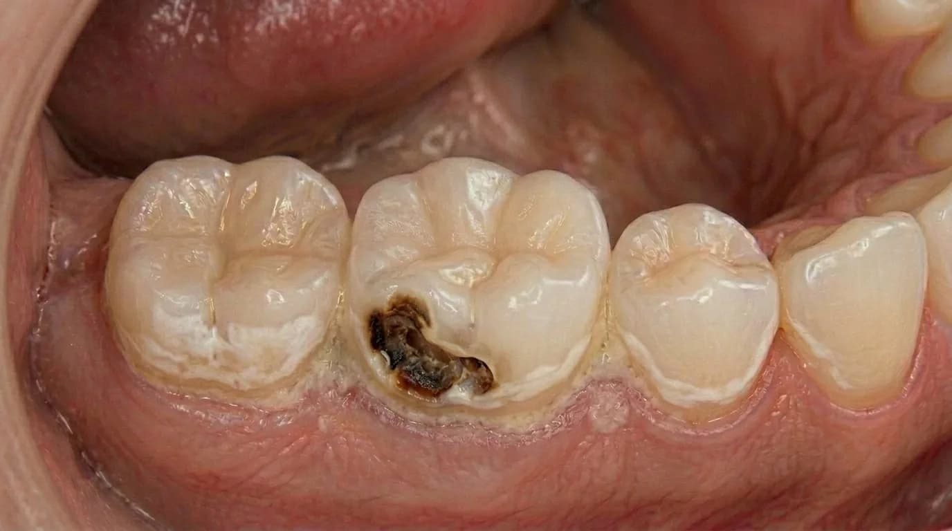 Tooth cavity reaching dentine — moderate stage of dental caries requiring restoration